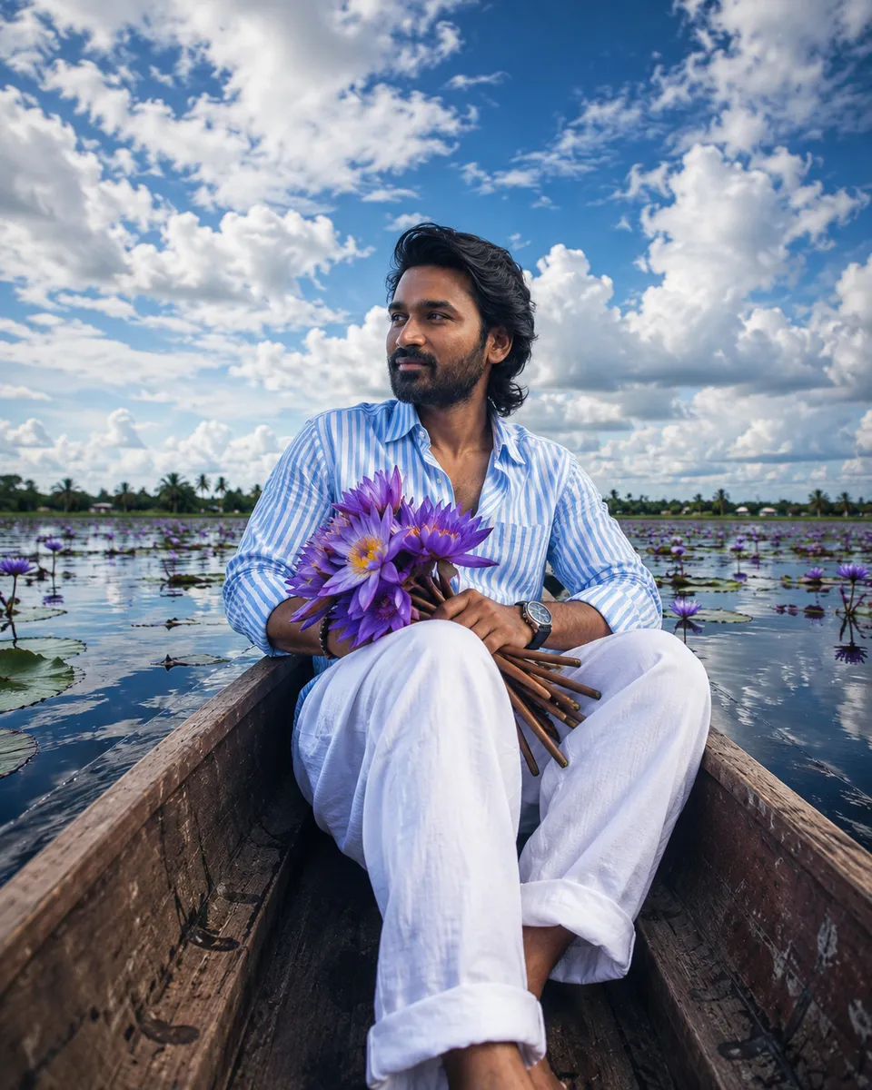 A strikingly artistic portrayal of a young man in a canoe, f
