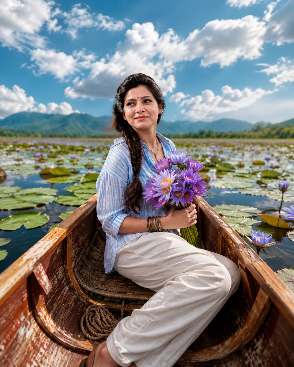 A strikingly artistic portrayal of a young woman in a canoe,