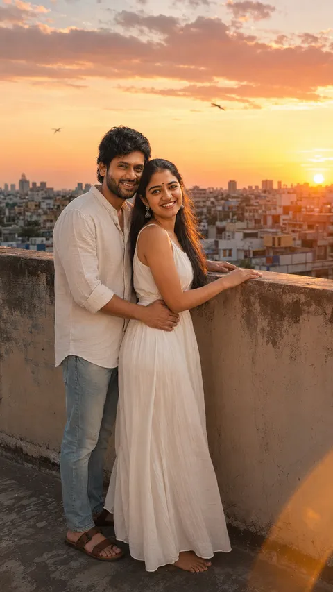 Cinematic Rooftop Sunset Romance