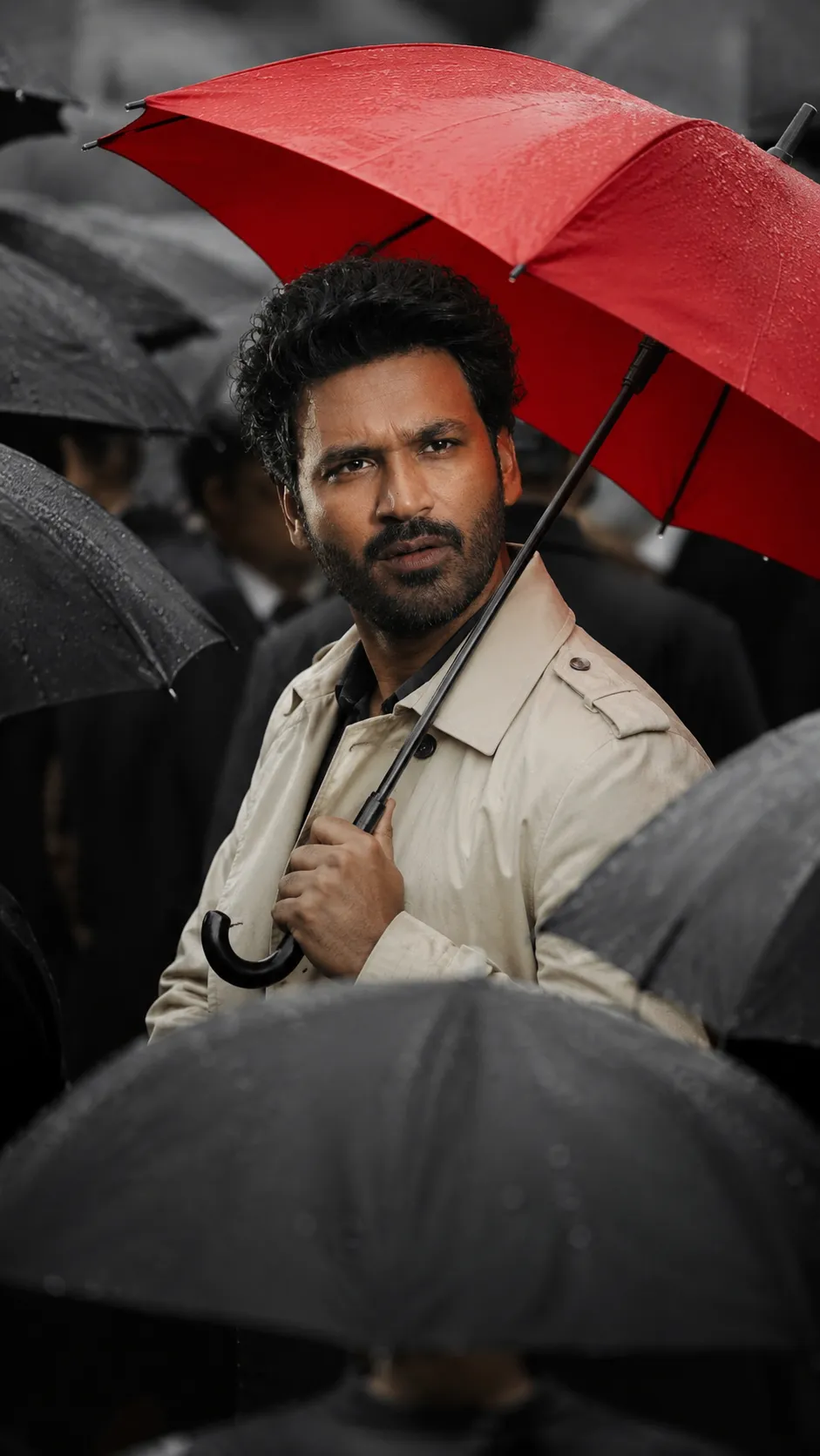 Crimson Umbrella in Grey Rain